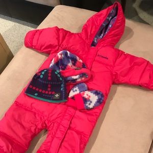 Columbia infant girls pink snowsuit + hats/gloves